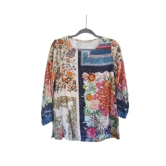 Soft Surroundings Multicolor Floral Patchwork Crushed Velvet Ashbury Top Sz PS - Picture 1 of 11